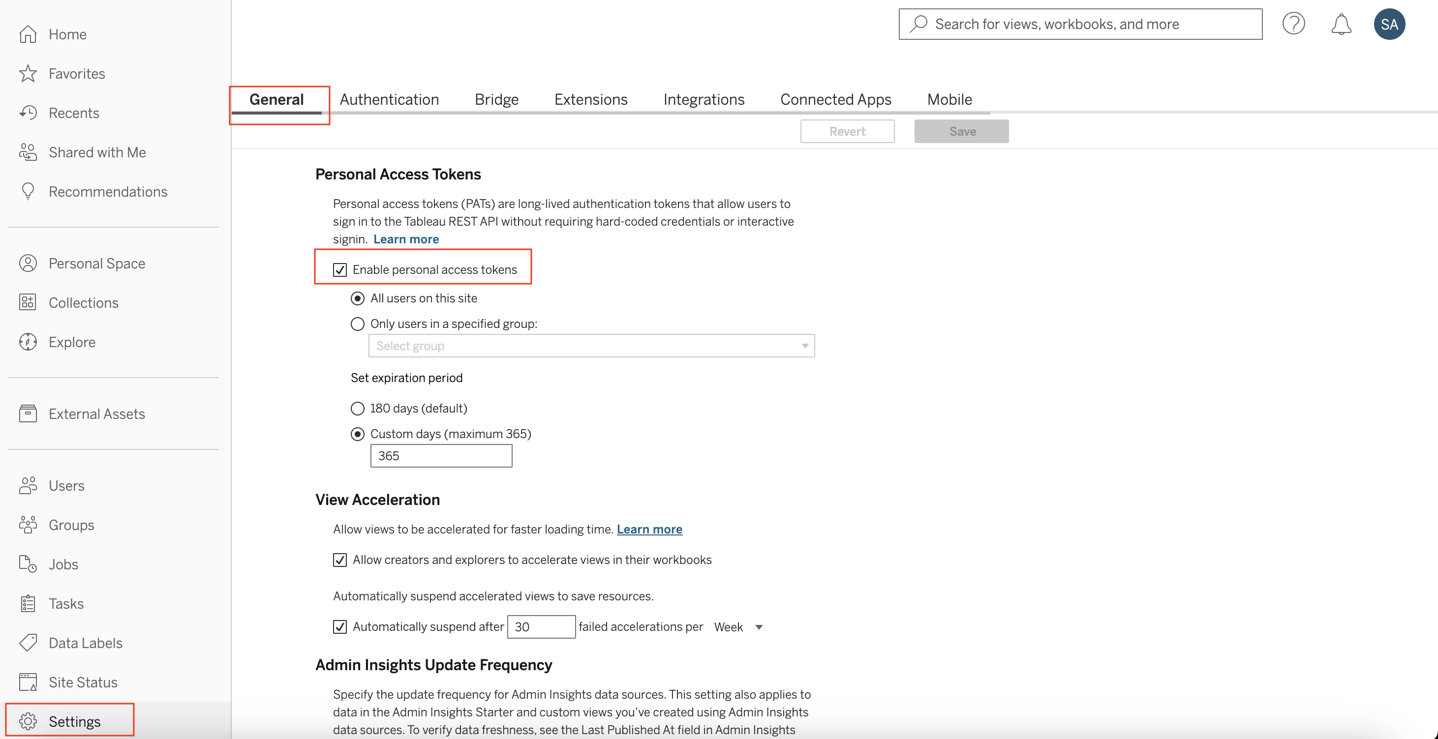 Enable PATs for the account in Tableau